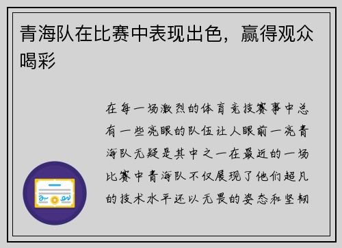 青海队在比赛中表现出色，赢得观众喝彩