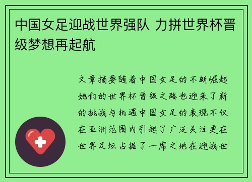 中国女足迎战世界强队 力拼世界杯晋级梦想再起航